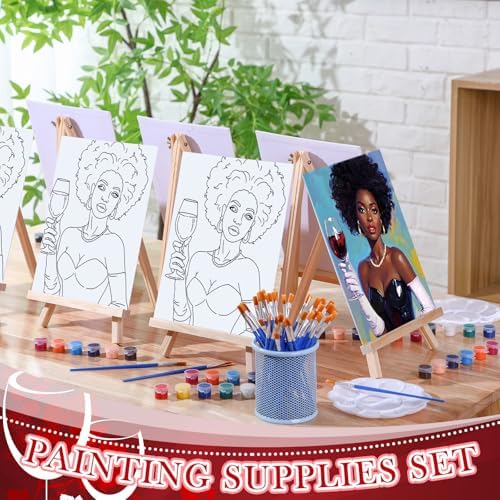 Motipuns 6 Set Pre Drawn Canvas for Painting for Adults Sip and Paint Kit with Easels 8 x 10 Inches Paint Party Kit with Printed Canvas Paints Brushes Palette Apron(Woman and Wine) - Image 2