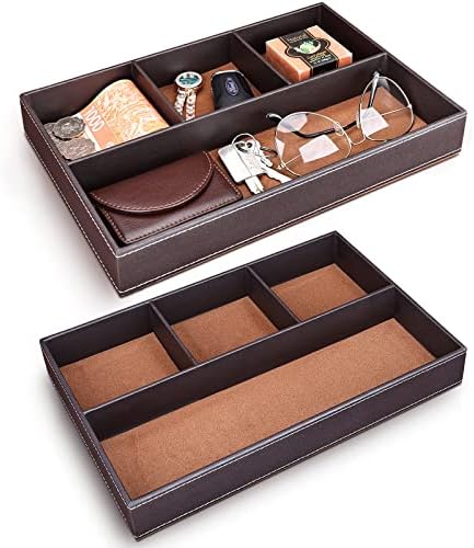 GORESE 2 Pieces Faux Leather Valet Tray for Men, Stackable Jewelry Trays for Drawers, Mens Dresser Top Organizer for Key, Wallet, Sunglass, Watch, Coin, Phone, Nightstand Bedside Tray Brown by GORESE