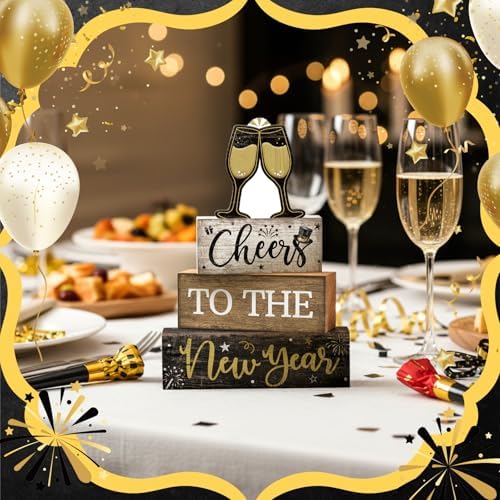 Moucuny 4 Pcs New Year Wooden Block Signs Farmhouse Table Centerpiece - Image 3
