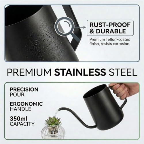 Small Metal Watering Can for Indoor Plants - 12oz Long Spout Pot for Succulents, Orchids & Seedlings - Stainless Steel with Teflon Coating (350ml/12oz) - Image 3