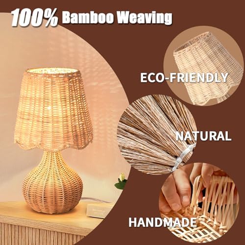 Ziqqeelam Rattan Small Bedside Table Lamp for Bedroom, Boho Mini Table Lamps for Nightstand, Farmhouse Small Table Lamps for Small Spaces for Kitchen Counter, Bookshelf, Bedroom, Kids Dorm - Image 3