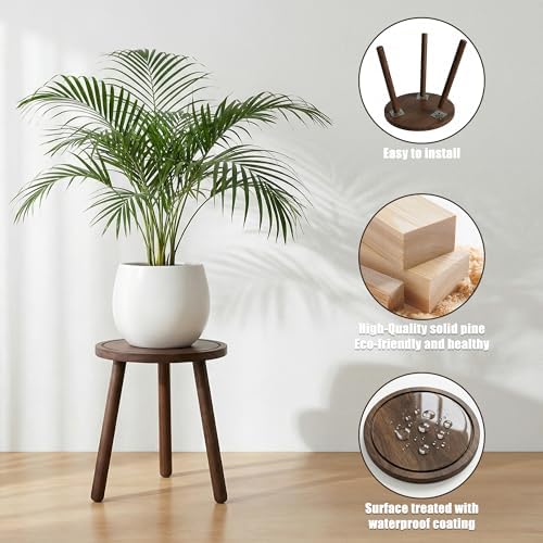 Wood Plant Stands Indoor, Updated Single Plant Stand Modern Plant Table for Large Plants, Wooden Plant Stool, Tall Plant Holder Small Round Side for Living Room, Balcony, Office (Dark Brown) - Image 5