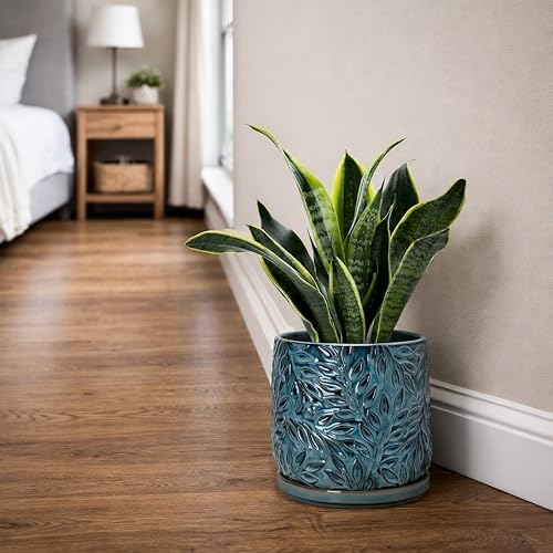 D'vine Dev Embossed Leaves Ceramic Planter, 8 in, Ocean Teal, 27-A-Q-8 - Image 5