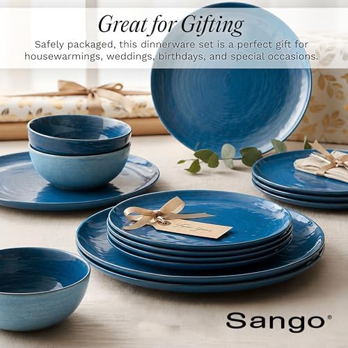 Sango Siterra Artist's Blend 16-Piece Stoneware Dinnerware Set – Service for 4, Ocean Blue Glossy Glaze with Unique Speckled Design, for Everyday Dining & Entertainment, Microwave & Dishwasher Safe - Image 6
