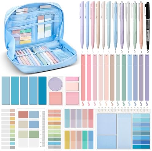 Jutom 41 Pcs Aesthetic Book Annotation Kit with Pencil Bag Bible Journaling Kit Notebook Sticky Note Tab Highlighter Black Ink Pen Page Marker School Office Supplies Bible Lover Gift(Blue) by Jutom