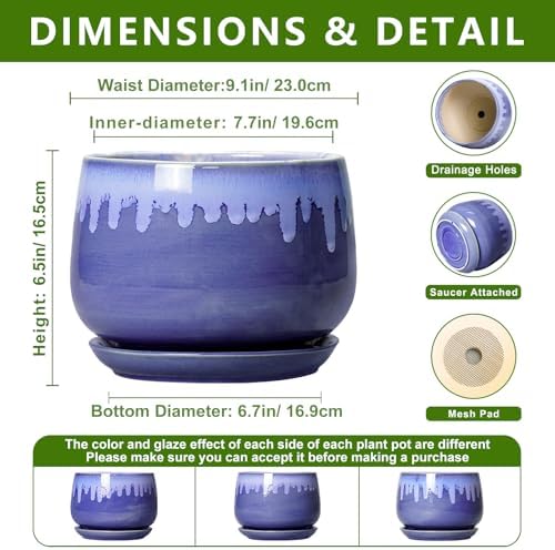 Ceramic Planter for Plants- 9 Inch Plant Pots Indoor with Drainage and Saucer, Decorative Planters, Durable Round Indoor Flower Pot, Garden Room Decor, Plant Gifts for Women Men, Blue - Image 2