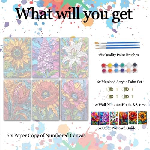 Oil Painting Flowers 6 Pack DIY Paint by Numbers Kits for Adults Sunflower Poppy Lavender Lily Flower Acrylic Paint Number Painting Kits on 8x12 Inch Canvas without Frame Floral Home Wall Decor - Image 2