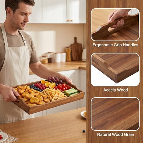 Acacia Wood Serving Tray Set of 2 with Handles for Ottoman Coffee Table - Image 6