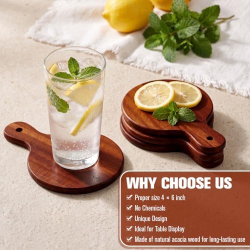 6 Set Acacia Wood Coasters with Handle, 4x6 in Paddle Shape - Image 3