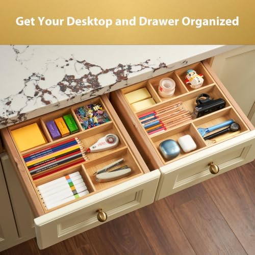 Umilife Bamboo Desk Drawer Organizer, Wood Office Junk Tray, 12"x12" - Image 4