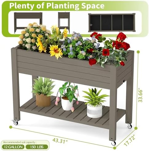 Elevated Raised Garden Bed with Wheels,Outdoor Large Resin Patio Planter Box Stand Divisible with Drain Plug,Water Monitor for Plants Vegetables Flowers Fruits(Grey,43.31 * 17.72 * 33.66) - Image 2