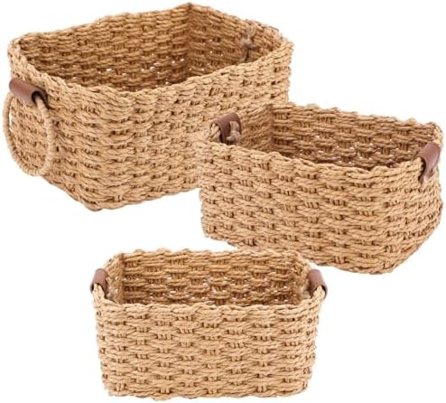 Small Wicker Rope Baskets Set of 3, Eco-Friendly Soft Woven Storage Organizing Baskets with Handle, Decorative Square Basket for Home, Shelves, Bathroom ﻿ by Unknown