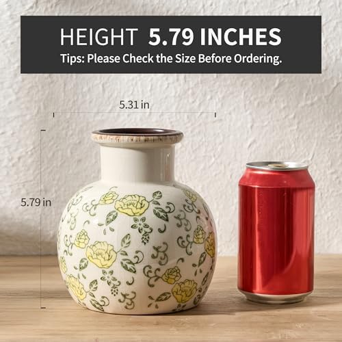 SIDUCAL Ceramic Vintage Vase, 5.91 Inch Retro Ice Cracked Chinoiserie Floral Vase, Rustic Farmhouse Vases for Home Decor, Bookshelf, Garden, Chinoiserie Decor, Tuscan Decor, Yellow Rose Pattern - Image 2