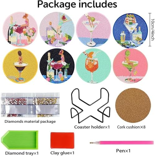 askkqtx 8 Pcs Cocktail Diamond Art Coasters Kits with Holder 4X4 Inch - Image 4