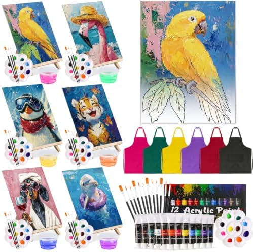 Cholemy 6 Set Paint and Sip Kit for Adults 8"x 10" Pre Drawn Canvas Painting with Wooden Easel Acrylic Paint Wash Cup Brushes Palette Apron for Painting DIY Adult's Date Party Supplies(Cool Animals) by Cholemy