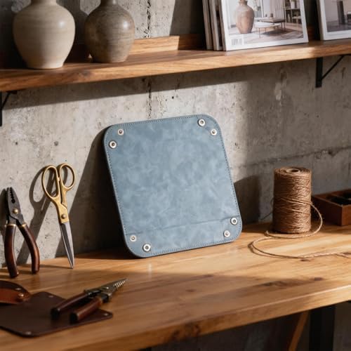Valet Tray Desktop Storage Organizer – Vegan Leather Catchall Bedside Vanity Tray Nightstand Caddy Holder for Remote Controller, Watch, Keys, Phone, Wallet, Coin, Jewelry, Stone Blue - Image 2
