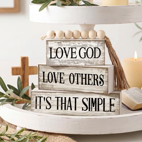 Moucuny 4 Pcs Christian Wooden Block Signs Farmhouse Tiered Tray Decor - Image 2