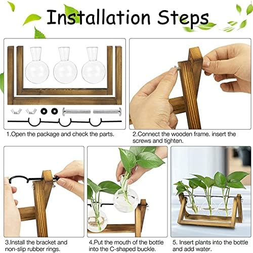 Kingbuy Desktop Glass Planter Iron and Wooden Stand Plant Terrariums for Indoor Office Desk Decor Accessories, 3 Bulb Vases, Brown - Image 7