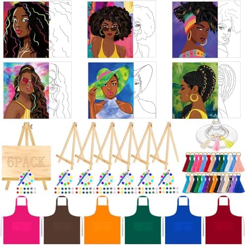Affrolling 141 Pcs 6 Sets Afro Girl Paint and Sip Kit for Adults Pre Drawn Canvas Painting Set Valentine's Day Stretch Canvas Kit(Afro Girl) by Affrolling