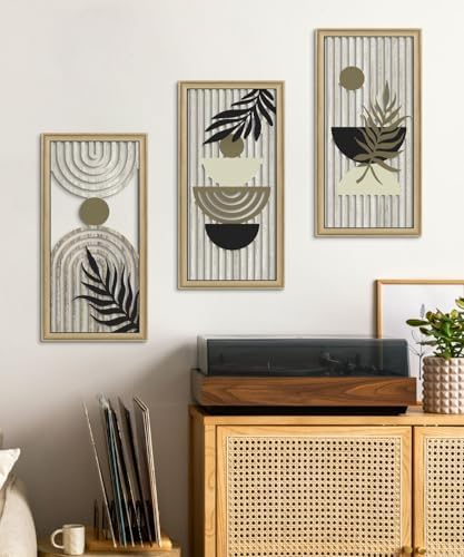 Putuo Decor Boho Abstract Wall Art, Set of 3, Modern Geometric Botanical Wooden Wall Decor, Mid-Century Minimalist Framed Artwork, Neutral Toned Aesthetic Prints, for Living Room, Bedroom, Office - Image 6