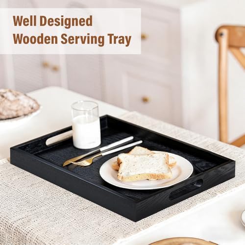 Wooden Serving Tray with Handles, 16.9 Inch Coffee Table Tray for Daily Use, Farmhouse Wood Tray for Breakfast, Lunch, Dinner, Home Kitchen Dining Tabletop Decor, Ottoman Decorative Tray, Black - Image 3