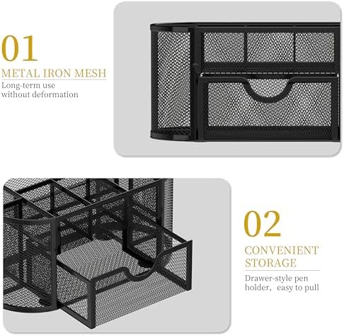 Mesh Desk Organizer with Drawer, 9-Compartment Pen Holder for Desk, Black - Image 5