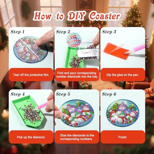 Zynlio Christmas Diamond Paintings Coasters Kits Set with Holder, Christmas Diamond Art, DIY Diamond Crafts Coasters for Adults, Diamond Art Painting Kits for Women, Beginners, Diamond Craft Supplies - Image 3