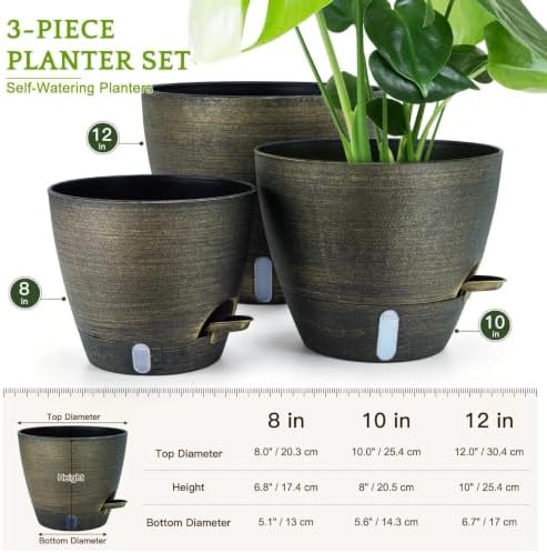 ZMTECH 12/10/8 in Self Watering Pots for Indoor/Outdoor Plants, Gold Bronze Large Plastic Planter with Water Level Indicator, Drainage Hole & Removable Saucer for Garden Flowers, Deco Plant Container - Image 2