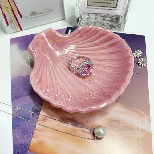 Shell Shape Ring Holder Dish, Seashell Jewelry Dish Tray, Ceramic Trinket Tray for Rings Earrings Necklaces Bracelet, Birthday Christmas Gift for Mom Friend Sister, 3.9", Pink Iridescent Surface - Image 4