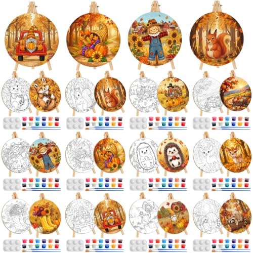 Supervitae 72 Piece Fall Round Pre Drawn Canvas Kit 5.9" Paint and Sip Kit for Adults Painting Party Pre Printed Canvas DIY with Pictures Paints Easels Brushes for Autumn Party Gifts by Supervitae