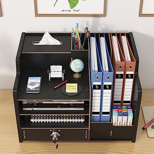 Bamboo Desk Organizer, Desktop Wood Bookshelf File Organizer, Pen Holder and Tissue Holder, 1 Drawer with lock for Office, Home, Need to Install (Light black) - Image 4