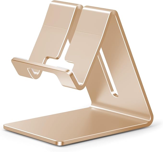 Phone Stand, Aluminum Phone Holder for iPhone 16 15 14 13 12 11 X 8 7 6 Plus 5, Tablet, Samsung, Huawei, Suitable for All Smartphones, Adding a Touch of Style to Your Office Decor, Gold