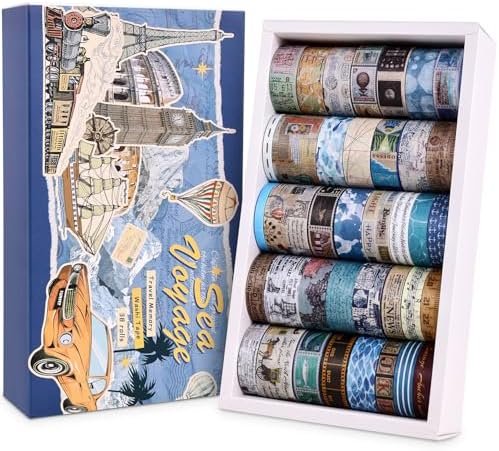 38 Rolls Vintage Washi Tape Set, Vintage Travel Stamp Map Scenery Art Letter Writable Decorative Tapes for Scrapbooking , Junk Journal Supplies, Bullet Journaling 5-25mm Wide 9.84ft long/Roll by emmoolife