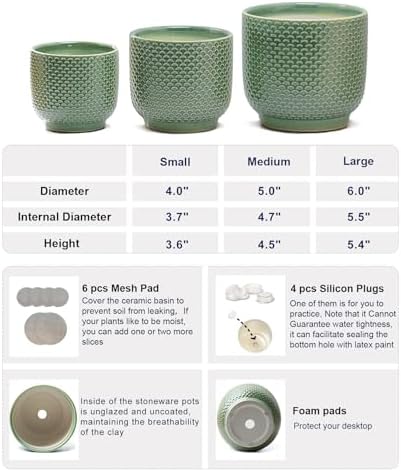 4 + 5 + 6 Inch Ceramic Pots for Indoor Plants, Succulents Plant Pots, Orchid Flower Pot with Drainage Hole, Modern Clay Stoneware Planters, Set of 3 (Green, 4+5+6 Inch) - Image 2