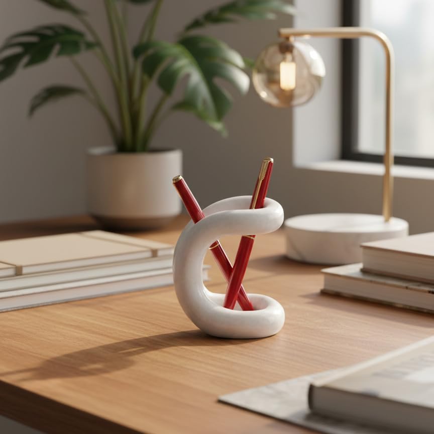 Marble Pen Holder for Desk, 4 Inch White Pencil Holder - Image 2