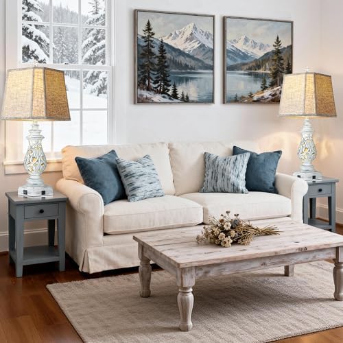PARTPHONER 29" Table Lamps Set of 2, Bedside Lamps with USB A+C Ports & Night Light, Farmhouse Nightstand Lamps with Linen Fabric Shades for Bedroom Living Room, Washed Blue (LED Bulbs Included) - Image 6