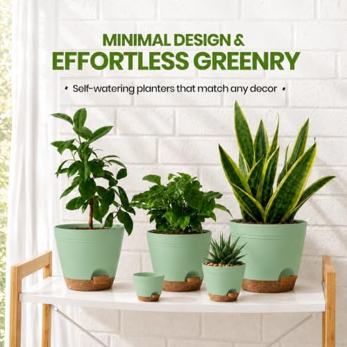 Utopia Home Self Watering Pots for Indoor Plants 6.8"/6.4"/5.9"/5.5"/4.9" Set of 5, Planters for Indoor Plants, Small Multi-Size Flowerpot, Plant Pots with Drainage & Reservoir (Olive Green) - Image 5