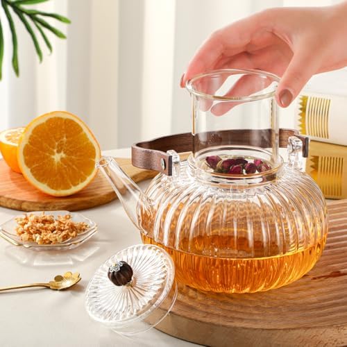 40OZ/1200ML Glass Pumpkin Teapot with Removable Infuser & Lid, Stovetop & Microwave Safe Clear Borosilicate Glass Tea Maker Water Kettle for Loose Leaf Blooming Tea - Image 4
