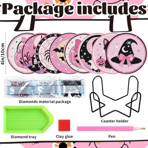 8 Pcs Halloween Diamond Art Coasters Cute Pink Gothic Cat Diamond Art Painting Coasters with Holder DIY Crafts Kits for Halloween Party Decor Gift - Image 2