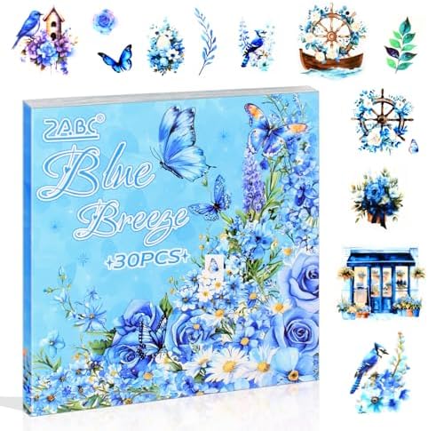 30 Sheets Precut Blue Flower Garden Landscape Stickers Book for Junk Journal Supplies, Transparent PET Stickers for Journaling, Scrapbooking, Bujo, Collage, Card Making by Dwpetzo