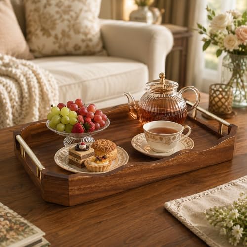 Walnut Wood Serving Tray with Handles, Decorative Coffee Table Tray for Tea, Coffee, Fruit, Snacks, Ottoman and Living Room - Image 4