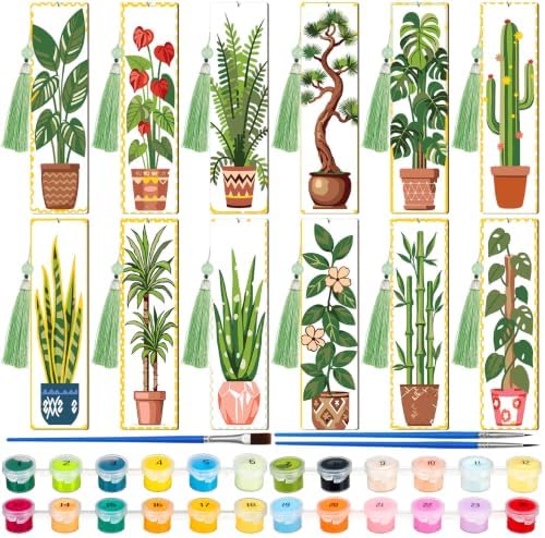 Kosiz 12 Pcs Plants Paint by Number Kit for Adult Green Wood Bookmark by Kosiz