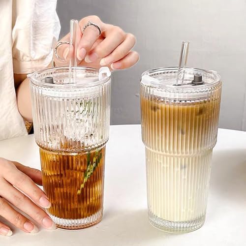 4PCS 20oz Glass Cups with Lids and Straws, Iced Coffee Cups with Lids, Stylish Ribbed Thick Drinking Glasses Tumbler for Juice, Smoothies, Cold Beverages, Cute Cup Gifts with Clean Brush - Image 6
