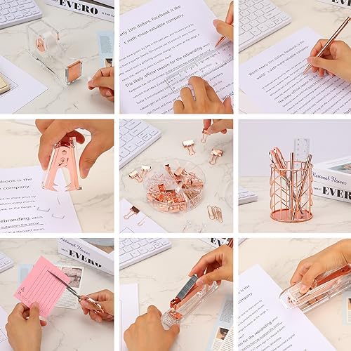 EOOUT Rose Gold Desk Accessories, Office Supplies and Accessories Set, Acrylic Stapler Set, Staple Remover, Phone Holder, Pen Holder, Scissor, Ruler, Transparent Tape - Image 5