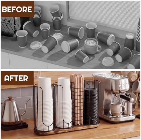 Geelin 18oz Adjustable Coffee Cup Dispenser with Wooden Base, Cup and Lid Holder, Cups Holder Organizer for Coffee Pod Straw and Lid Storage(4-compartment Single,Color 5) - Image 4
