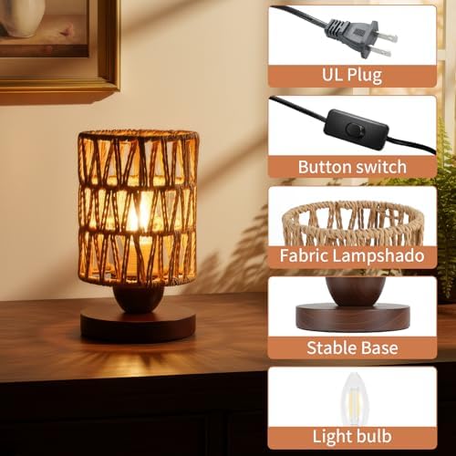 Handmade Rattan Lamp Farmhouse Table Lamp for Bedroom, Rustic Woven Lamps for Night Stands with Warm White LED Bulb, Boho-Inspired Boho Lamp for Living Room Kitchen Nook, 12cm Shade 20cm Height - Image 3
