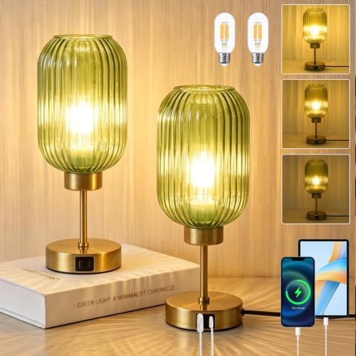 Green Glass Table Lamps Set of 2 with Bulb, Small Touch Beside Lamp with USB Ports, 3 Way Dimmable Desk Lamps, Vintage Gold Nightstand Lamps for Bedroom Living Room, Office, Home Decor by LAMSU