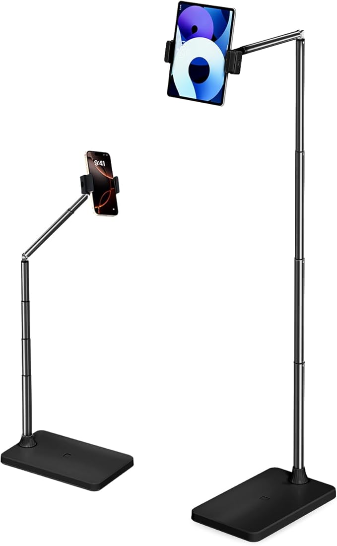 Tablet Floor Stand, Adjustable iPad Holder for Bed & Sofa - 360° Rotating Long Arm, Height Adjustable from 13.5" to 60.3", Sturdy Metal Base for iPad, Tablet, Phone (4-13 Inch), Black