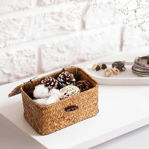 Hipiwe Seagrass Basket Key Holder Box for Entryway Tabletop Desk Organizer with Lid Handwoven Wicker Storage Bin for Hair Ties Candy, Whitewash 6.1" x 4" x 3.3" - Image 2