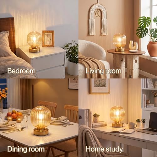 Elenhome Amber Touch Glass Table Lamp, 3-Way Dimmable Bedside Lamp, Vintage Mid-Century Modern Small Nightstand Lamp for Bedroom and Living Room, Ambient Mood Lighting, LED Bulb Included - Image 4